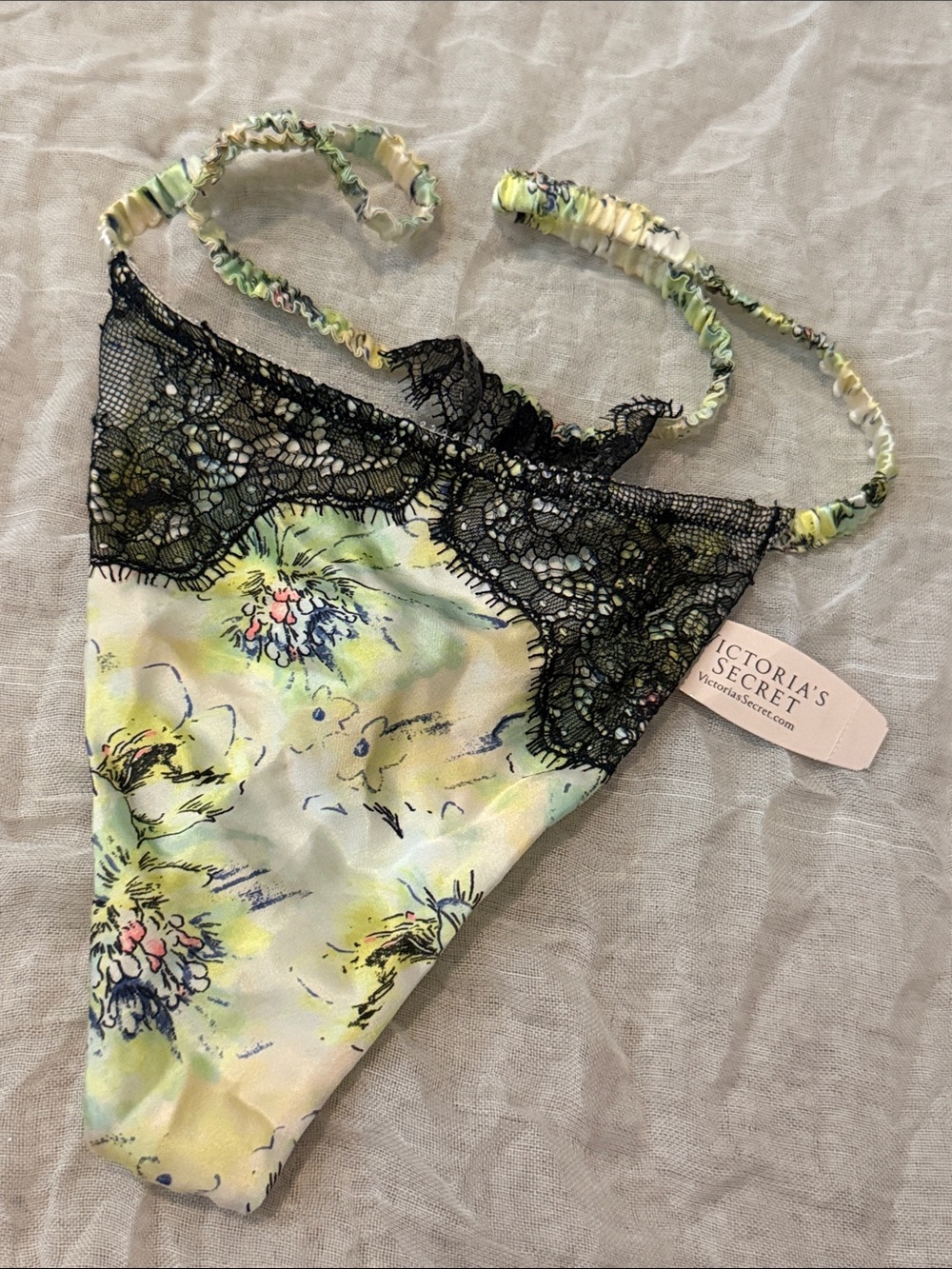 Victoria's Secret Yellow & Green Floral Satin Thong with Black Lace Trim